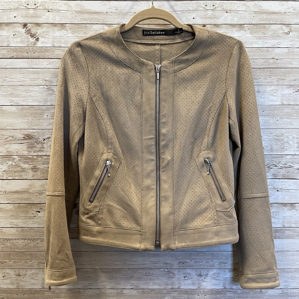 Iris Setlakwe Womens‎ Size 2 Jacket Tan Perforated Faux Suede Short Biker Zipper